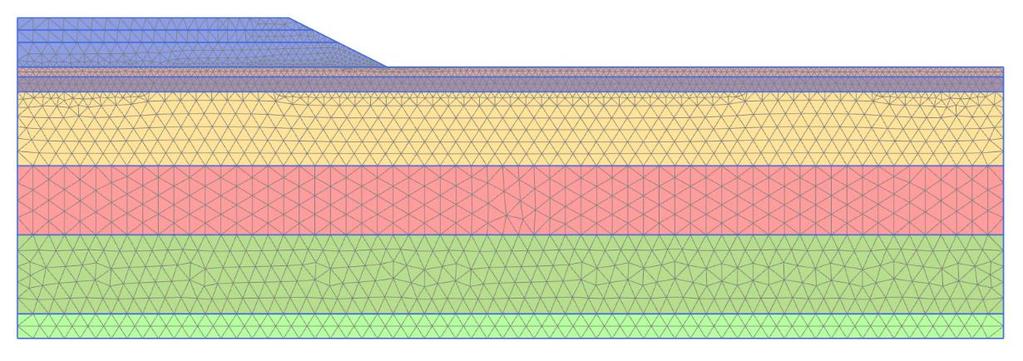 Numerisk simulering av sättningar och portryck för en provbank på sulfidjord Elementnätet som används i denna studie presenteras i Figur 33.