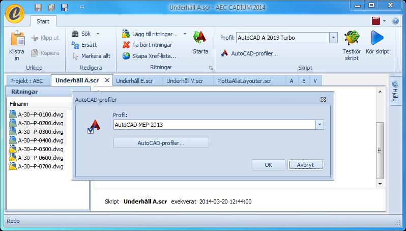 Starta ritningar Vid start av ritningar används den profil som specificerats i dialogen AutoCAD-profiler.