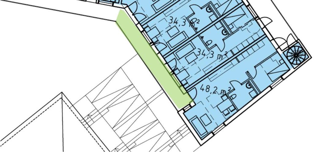 2 Bostäder För att uppfylla krav om högsta ljudnivå vid fasad bör balkongen närmast Brotorget förses med tät inglasning till 75 %, motsvarande hela kortsidan mot Brotorget och delar av långsidan.