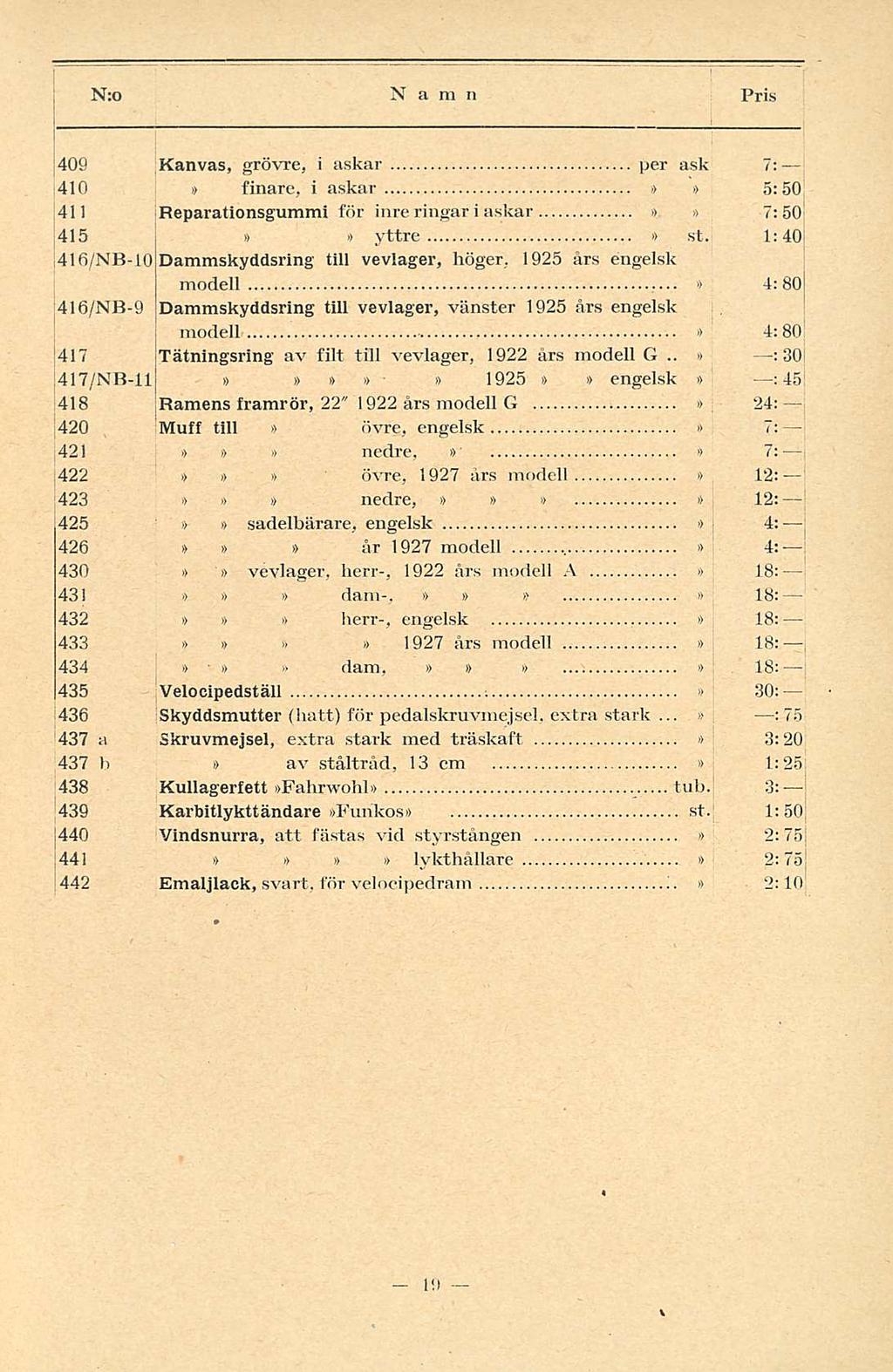 .Vi 409 Kanvas, grövre, i askar per ask 7: 410 finare, i askar 5:50 41) Reparationsgummi för inre ringar i askar 7:50 415 yttre st.