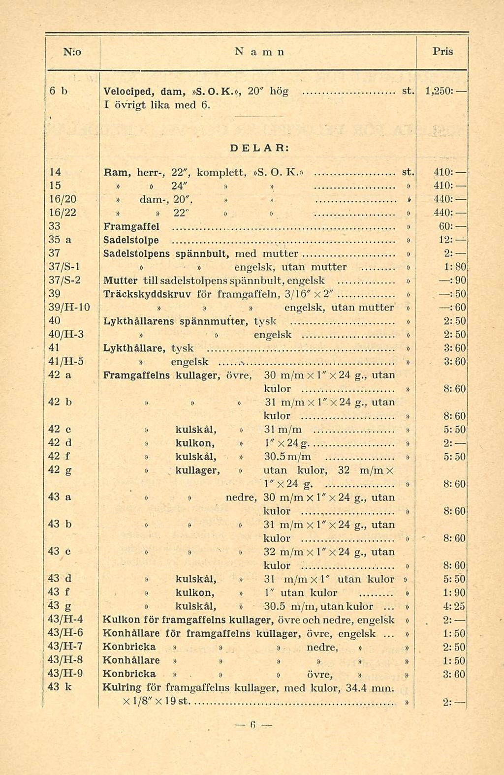 I. 2: 6 b Veloelped, dam, S. 0.K., 20" hög st. 1,250: I övrigt lika med 6. DELAR: 14 Ram, herr-, 22", komplett, S. O. K. st. 410: 15 24" 410: 16/20 dam-, 20". * 440: 16/22 22" 440: : 33 Framgaffel!