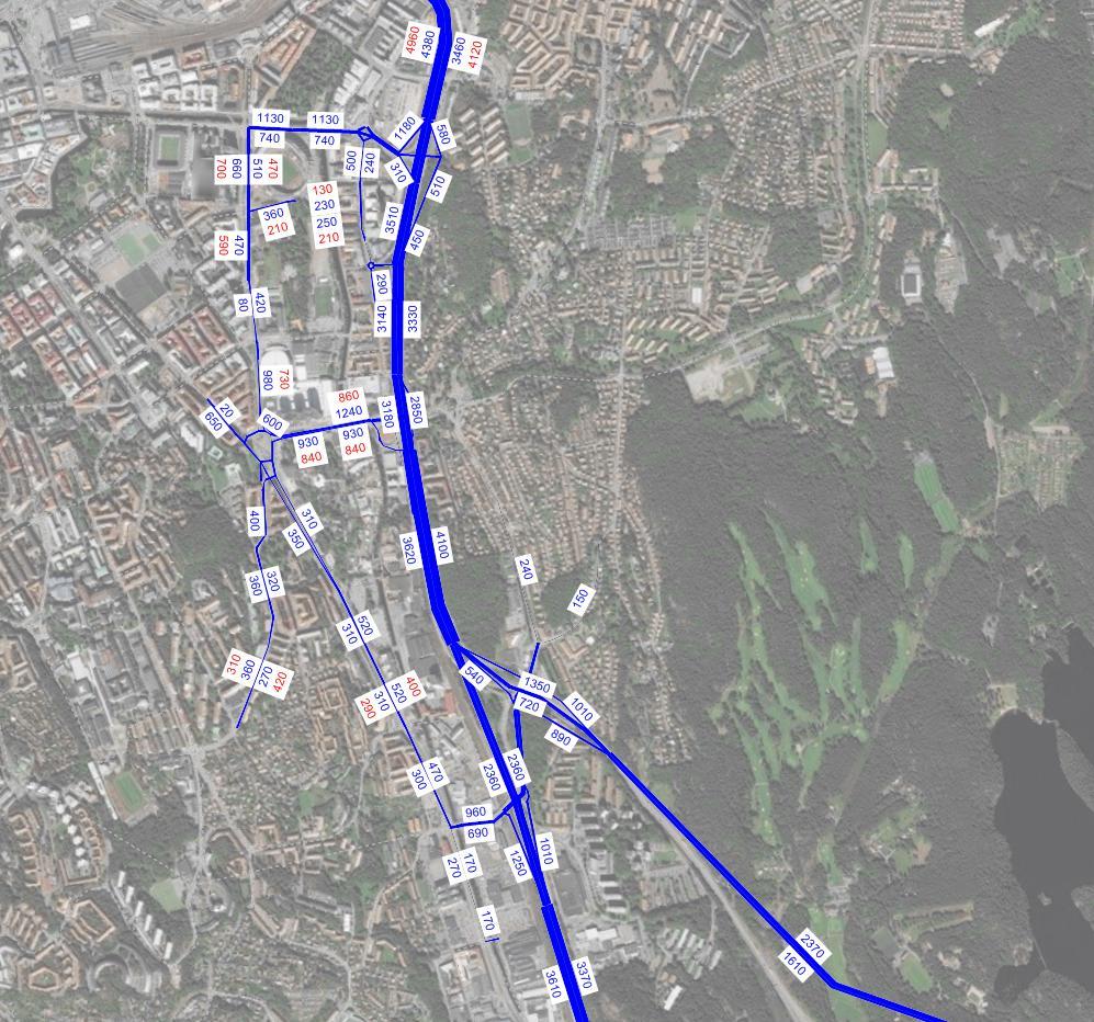 2.4 Nuläge modellberäknade flöden 2.4.1 Förmiddag I figur 2 redovisas en jämförelse av modellerade flöden och uppmätta flöden under förmiddagens maxtimme.