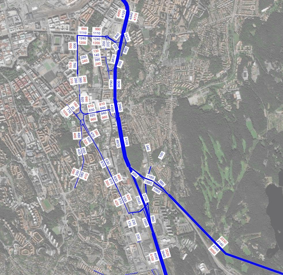 2.4.2 Eftermiddag I figur 3 redovisas en jämförelse av modellerade flöden och uppmätta flöden under eftermiddagens maxtimme.