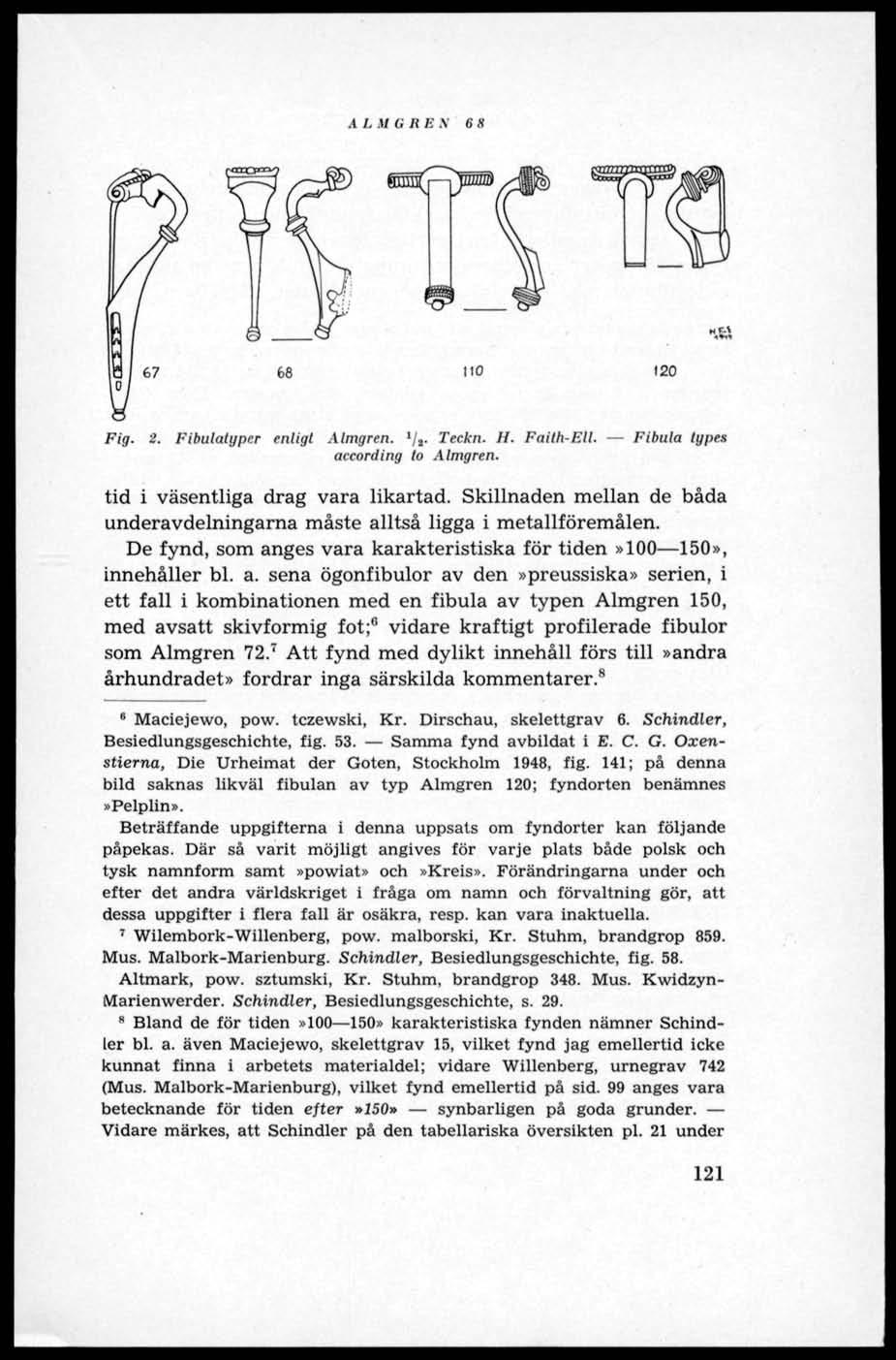 A I..17 G R E N 6 8 ",Ö 68 110 120 Fibulalypcr enligt Almgren. 1 j 1. Teckn. H. Faith-Ell. Fibula types according to Almgren. tid i väsentliga drag vara likartad.