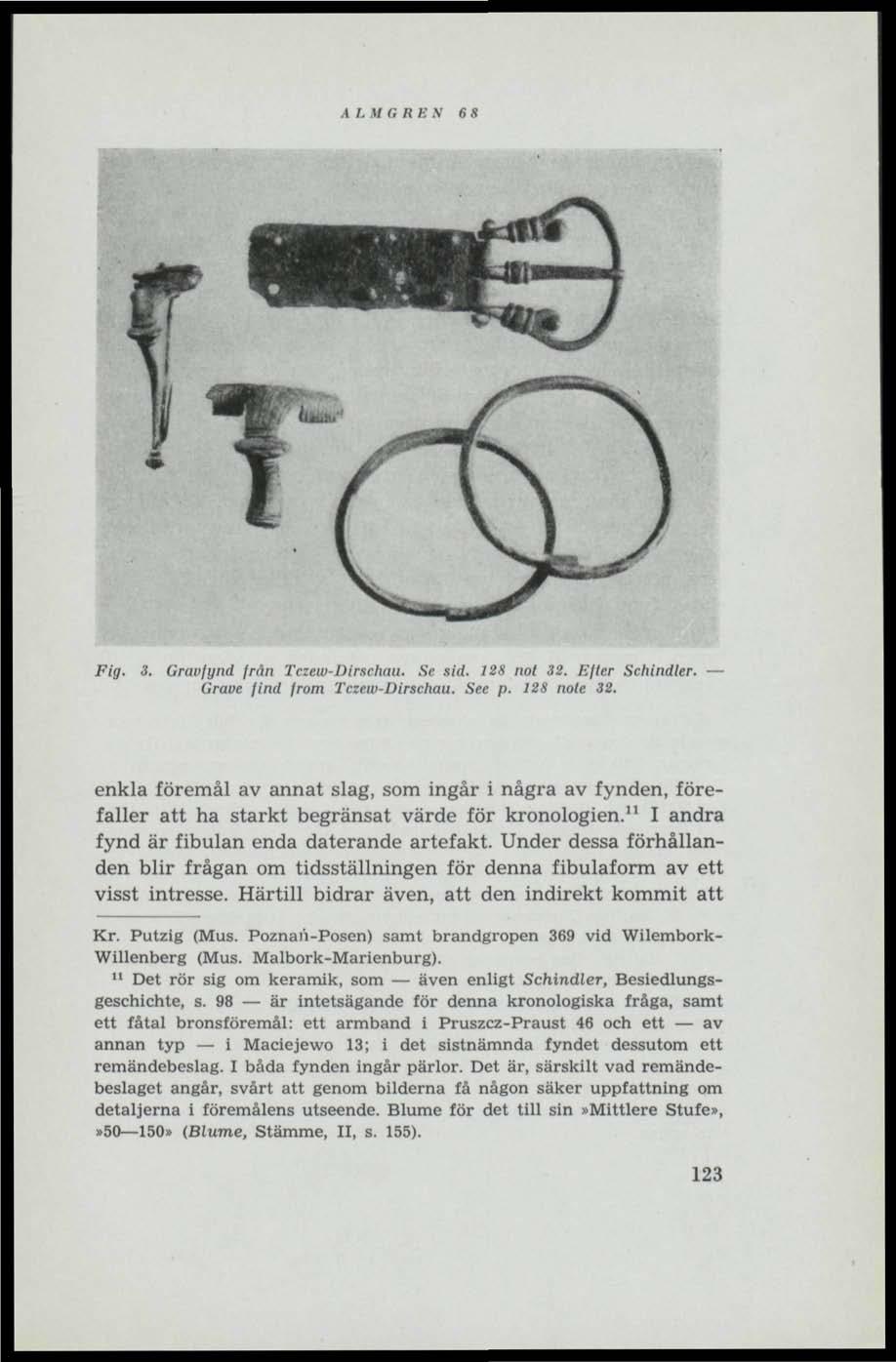 A L M GREN 6 8 Fig. 3. Gravfynd från Tczew-Dirschau. Se sid. 128 not 32. Efter Schindler. Grave find from Tczew-Dirschau. See p. 128 nole 32.