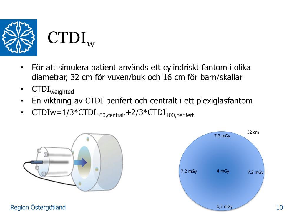 CTDI definieras för två olika fantomstorlekar, 32 cm diameter för buk och 16 cm för huvud.