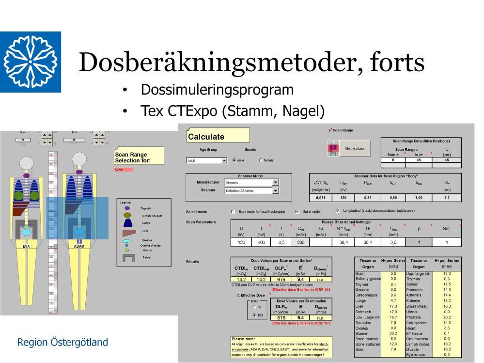 Man kan även använda speciella dosberäkningsprogram där man datorsimulerar fram effektiv dos för olika standardfantom.