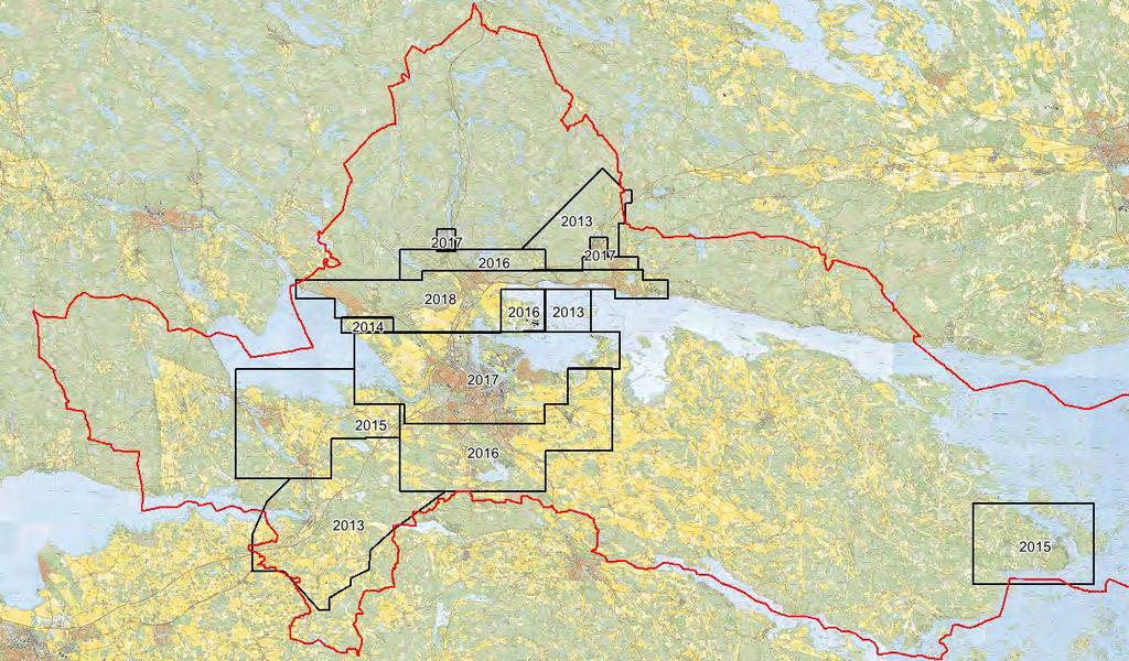 Nyttjanderättsavgift Ortofoto Prisområden i hektar Pris [ha] 0,1 10 100kr 10 100 20kr 100-2kr Nyproduktion av ortofoto sker årligen, hösten 2018 såg det ut enligt bilden nedan: Leveransavgifter Vid