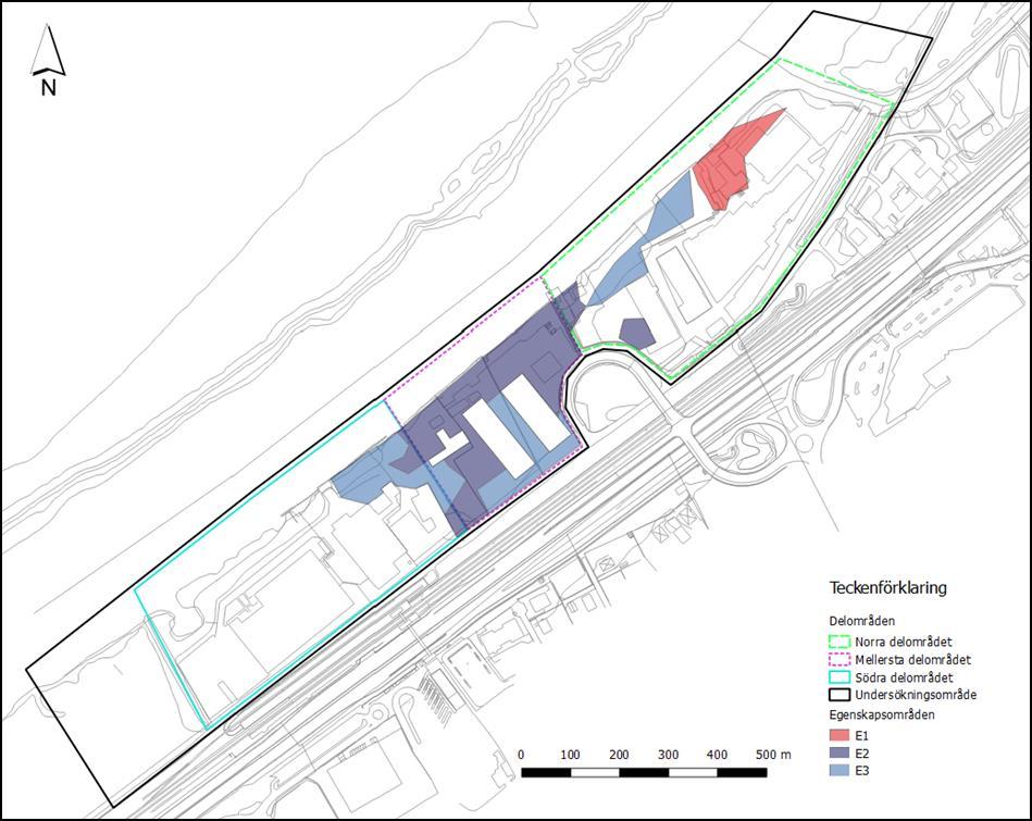 Figur 6.1 Ungefärlig utbredning av områden med åtgärdsbehov (egenskapsområden) med avseende på föroreningssituation. 6.3 Geoteknik Fyllningen överst i jordprofilen består till stor del av sand, silt, grus, sten, mulljord och korkrester samt annat industriavfall.