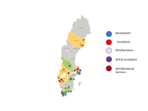 Ojämn fördelning över landet I kartläggningen har 34 späd- och småbarnsverksamheter/team identifierats. Tillgången till späd- och småbarnsverksamheter/team är mycket ojämnt fördelat över landet.