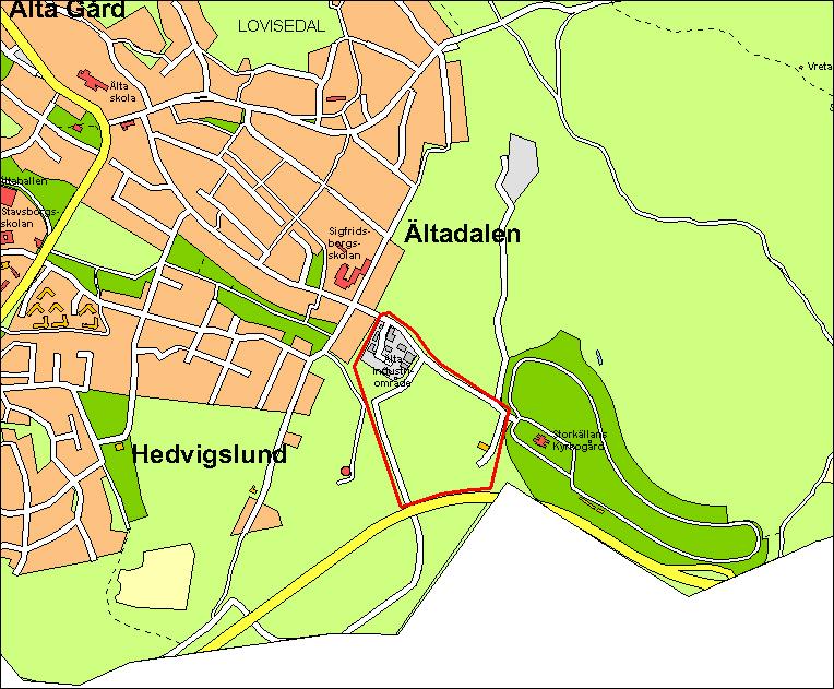 3 (6) Planområdets preliminära avgränsning. Området omfattar ca 16 ha. Syfte och mål Planarbetets huvudsakliga syfte är att skapa ett verksamhetsområde mellan Storkällans väg och Tyresövägen.
