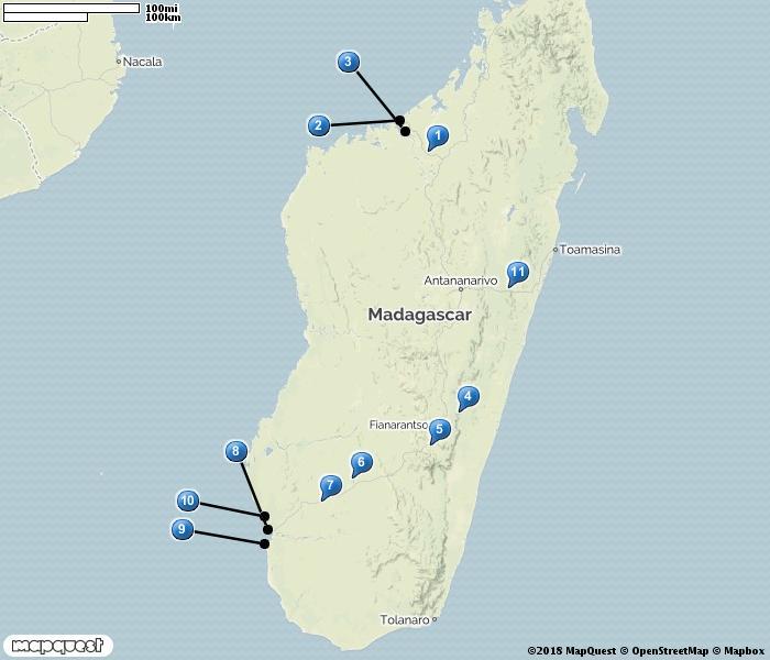 1. Ampijoroa 2. Majunga 3. Betsiboka delta 4. Ranomafana NP 5. Anja Community Reserve 6. Isalo NP 7. Zombitse NP 8. Tulear 9. Nosy Ve 10. Ifaty 11.