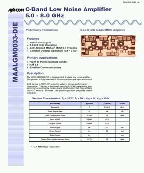 Figure 5.1 Datasheet for the LNA,MAALGM0003-DIE, from M/A-Com. 5.3 Measurement Procedure So far about 30 LNAs of this type have been tested.