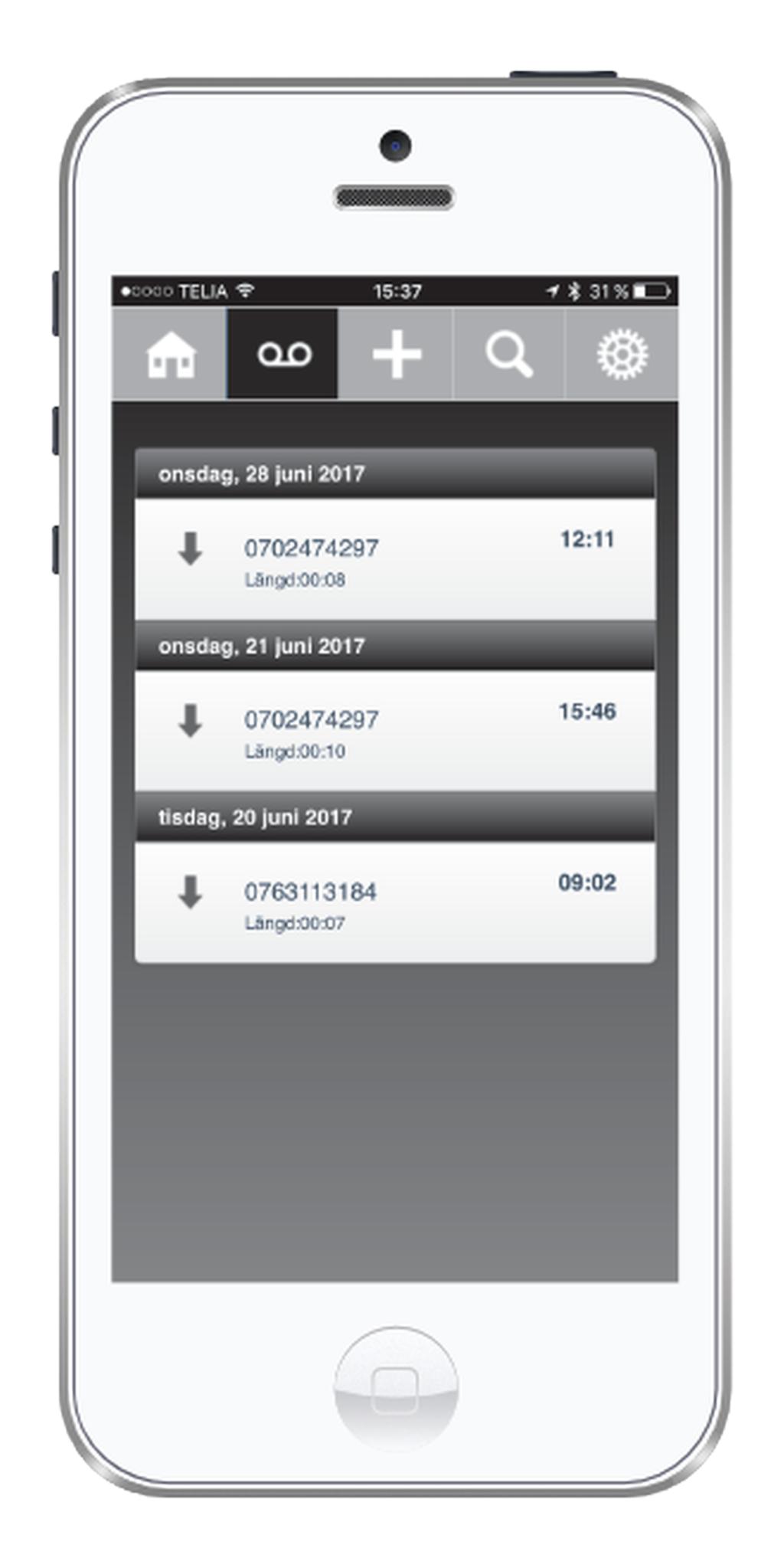 Röstbrevlåda I Tellus Mobile är det enkelt att lyssna av sina röstbrevlådemeddelanden. De finns tillgänliga för lyssning i din smartphone.