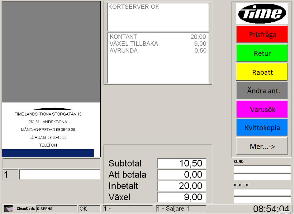 Ett kvitto skrivs och kassalåda öppnar sig. Klart, kunden skall få SEK 9 tillbaka.