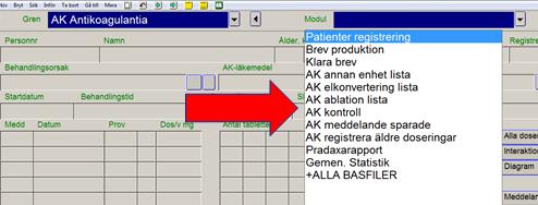 - Välj AK-kontroll Här kan man få fram en lista på uteblivna patienter eller nya som uteblivit, genom