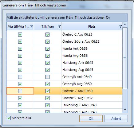 o Om en aktivitet satts till status Annonseras Nej eller till Annonseras Ja, Inställt (även då buss eller taxi ersätter) anpassas viastationerna på stationer före och efter den aktuella stationen.