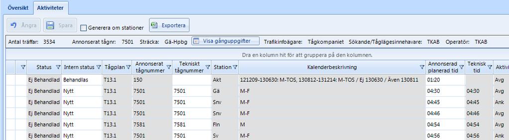 Aktiviteter Då du gjort en sökning visas sökresultatet i detalj i en lista i fliken Aktiviteter med en rad per aktivitet och tåg.