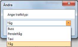 När du vill redigera trafiktyp får du en dialog där du i en lista kan välja den trafiktyp du vill ändra till. OBS det är viktigt att trafiktyp Pendeltåg sätts på de tåg som ska ha det.