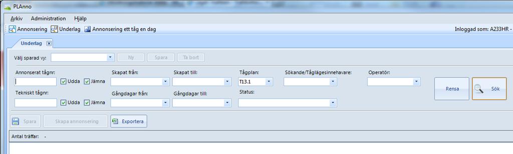 Underlag Sökning När du klickat på Underlag öppnas en dialog där du har ett antal sökkriterier att välja på för det underlag du vill titta på eller använda för att skapa annonsering manuellt.