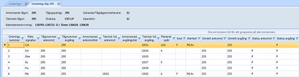 Omlett ankomst/avgång Eventuell information om vilket tåg den aktuella varianten är en omledning av på ankomst eller avgång.