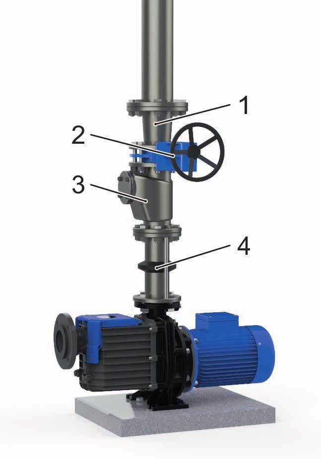 Trycksida Sugsidan vid matning Bild 6 Tilloppsledningens utförande vid matning 1 Avstängningsslid 2 Rörstöd 3 Övergångsrör 4 Manometer Sugsida vid matning Bild 8 Trycksidans utförande 1 Övergångsrör