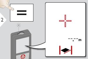 Funktioner Area Arean beräknas med utgångspunkt från det matematiska begreppet genom att multiplicera 2 avstånd. Sikta lasern mot första målpunkt. Sikta lasern mot andra målpunkt.