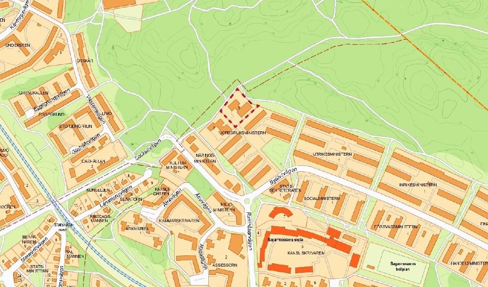 Sida 2 (8) Stadsbyggnadskontoret föreslår att stadsbyggnadsnämnden beslutar att planarbete påbörjas. Översiktskarta med planområdet markerat med röd streckad linje.