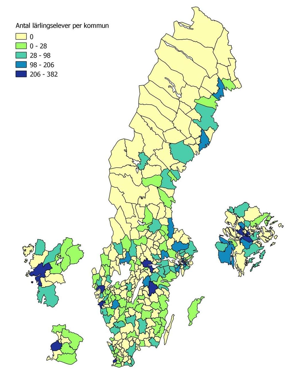 7 (31) Figur 1. Geografisk spridning av lärlingselever per skolkommun våren 2014 hos både kommunala och enskilda huvudmän.