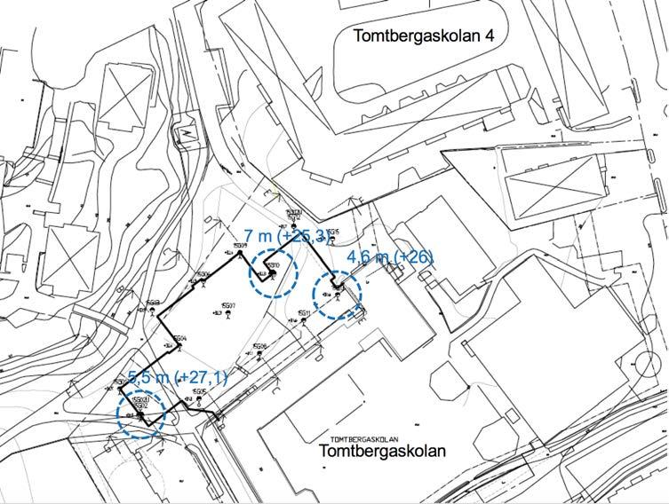 Uppdragsledare Uppdragsnummer Karl Johan Lenneryd/073-347 12 65 Datum 230 505 Uppdragsnamn 2016-08-23 Huge Tomtbergaskolan Figur 4. Djupa punkter till berg baserat på geoteknisk undersökning 2015.