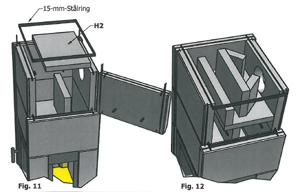 Fig. 11 1. Montera bakvägg med rökhål, och gör färdigt montering av rökröret. 2. Placera sidostenar, med minsta avstånd till hål för ståltappar vänt nedåt. 3. Montera fronsten. 4.
