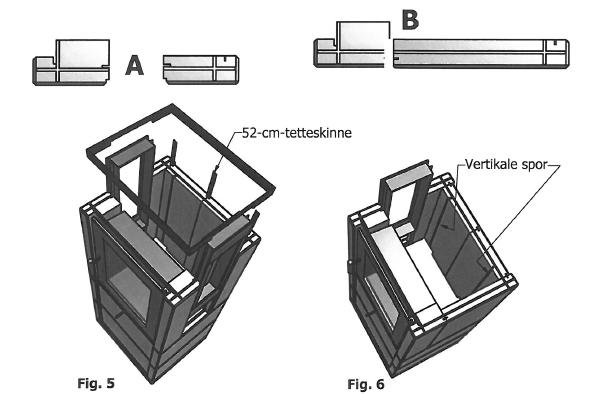 Sida 7 Fig 5 och 6. Främre och bakre sidostenen för sidoglas har spår för sidoglaset (A), Medans de för tät sida bara har en liten fas (B). 1. Montera de två fremre sidostenarna vid dörren (132.