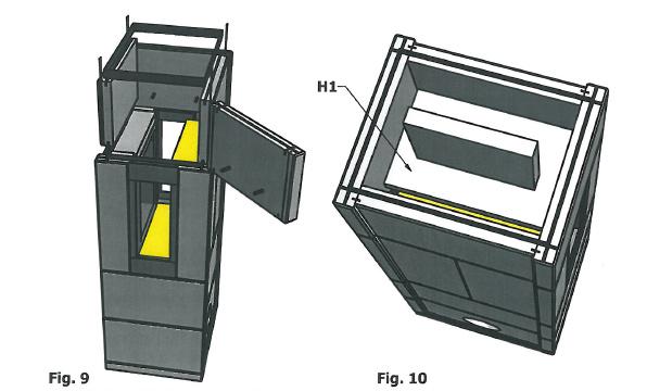 Sida 9 Fig. 9 1. Lägg på en täljstenslist (350 X 95 X42), ner på dörrramen, och intill stålringen. 2. Montera bakväggen. 3.