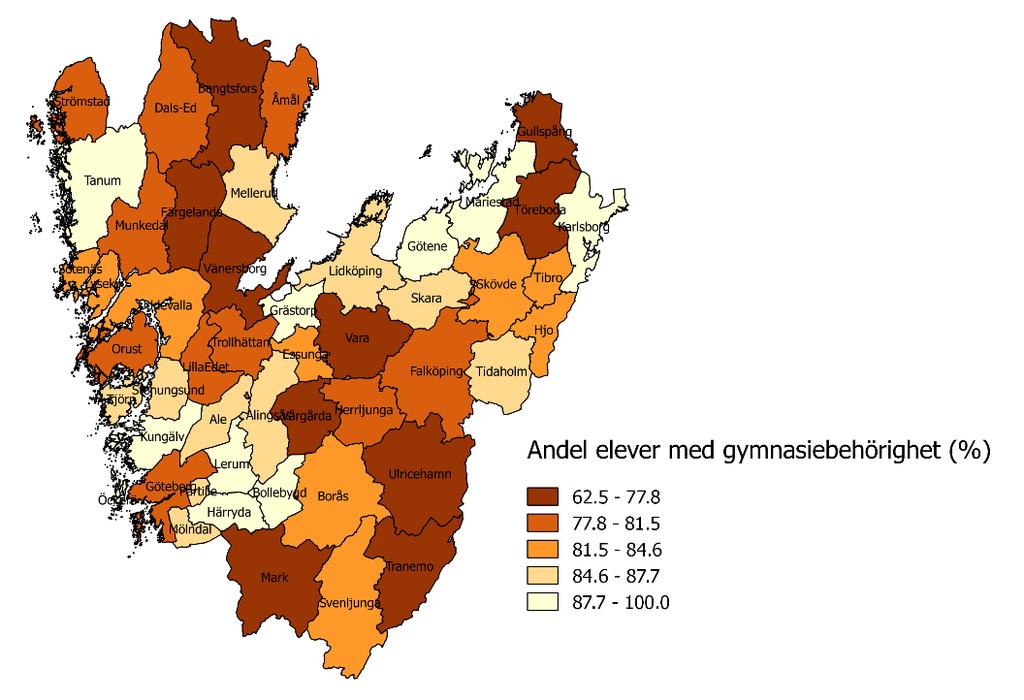 Statistikbilaga, 2018-10-08 5 (9) Skillnaderna i skolresultat från grundskolan är stora inom Västra Götaland.