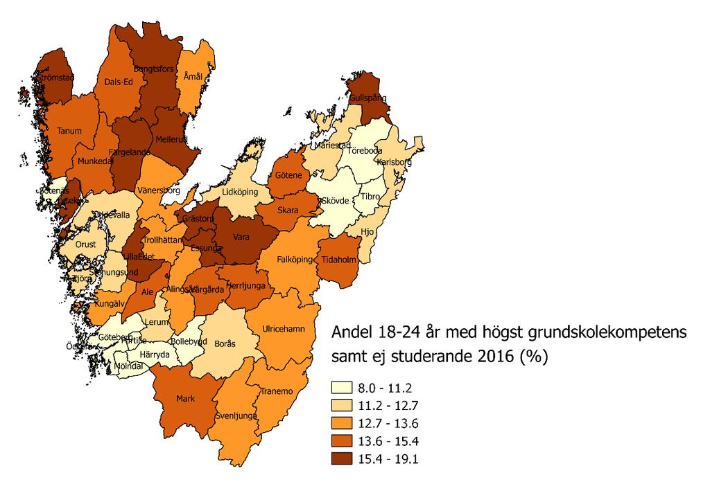 Statistikbilaga, 2018-10-08 9 (9) Figur 7 Andelen av befolkningen 18 24 år med högst grundskolekompetens och som inte studerar 2016, fördelat per