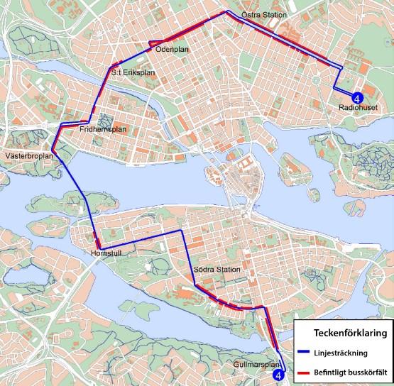 Sida 4 (15) Figur 2, Linjesträckningen för stomlinje 4, med kollektivtrafikkörfält markerade i rött.