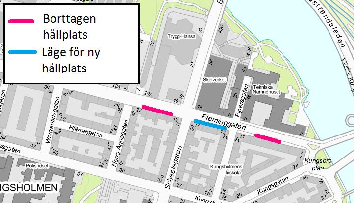 Sida 7 (15) Överbrett kollektivtrafikkörfält och sammanslagning av hållplatser, Fleminggatan På Fleminggatan, på sträckan mellan Pipersgatan och Kungsbroplan, planeras ett tidsbegränsat överbrett