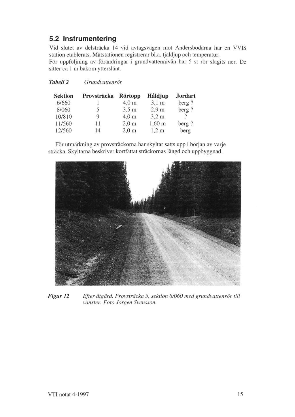 5.2 Instrumentering Vid slutet av delsträcka 14 vid avtagsv'agen mot Andersbodarna har en VVIS station etablerats. M'atstatiönen registrerar bl.a. tj äldjup och temperatur.