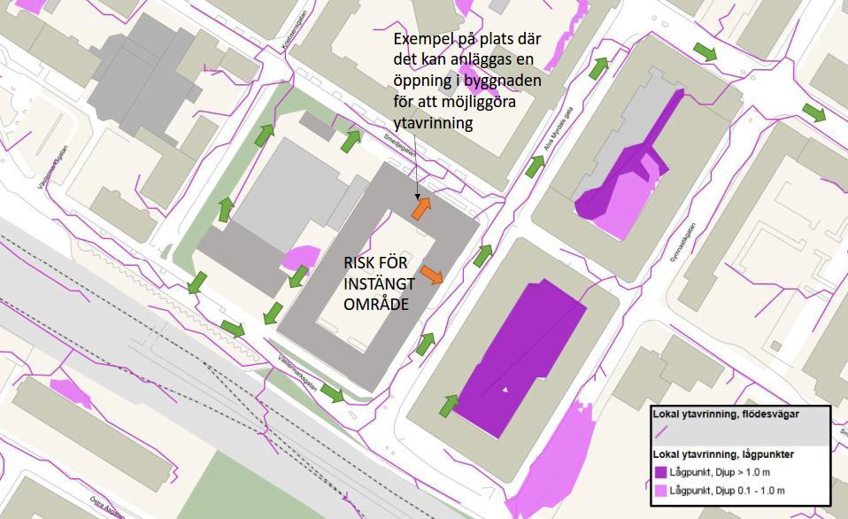 22 (28) Figur 14. De gröna pilarna i figuren visar principen för föreslagen ytavrinning vid stora regn. Pilarna visar exempel på fria vattenvägar, d.v.s. hur vattnet via ytavrinning leds bort från byggnaden mot gator och vidare mot Eskilstunaån.