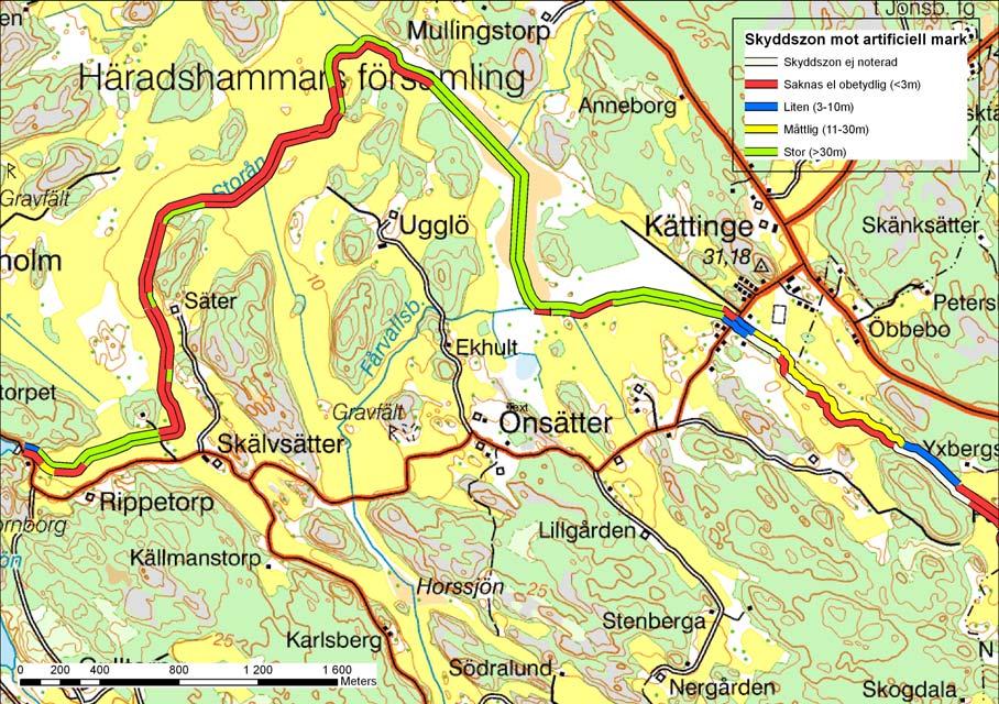 Figur 5. Skyddszon mot artificiella markslag utmed Jonsbergsån i området mellan Jonsbergsviken och Dammen enligt biotopkartering år 2008.