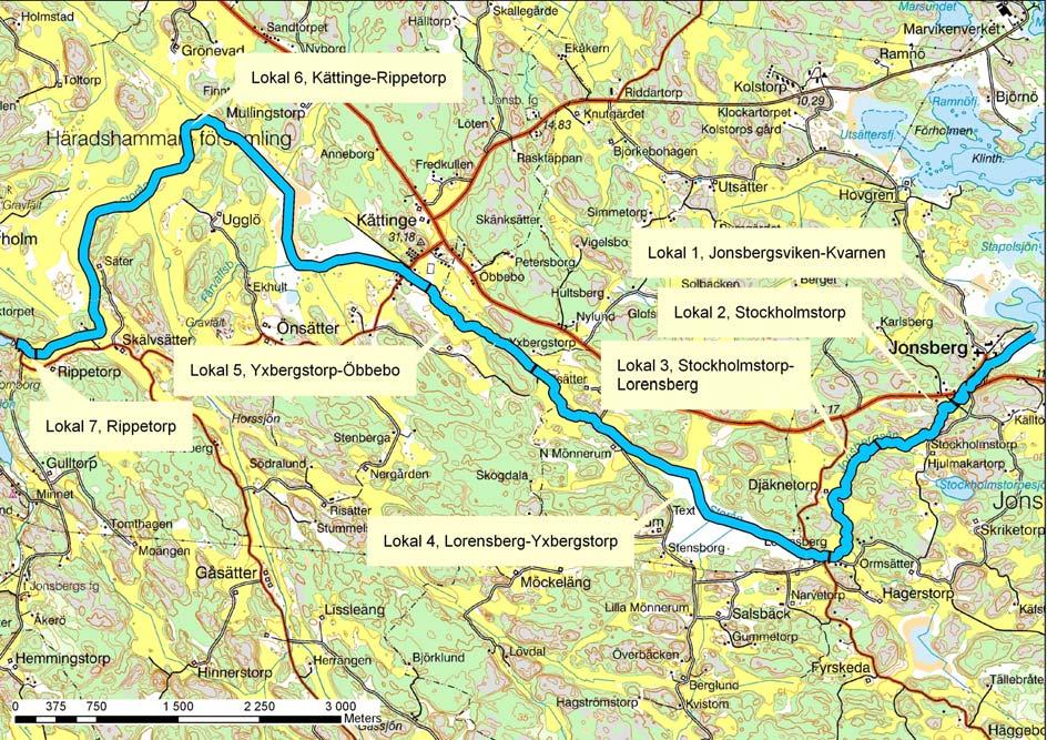 Figur 6. Indelning av lokaler i Jonsbergsån. Kartan finns även som GIS-skikt, levererad med rapporten. Lantmäteriverket, nr 2008/Ekologi.Nu.