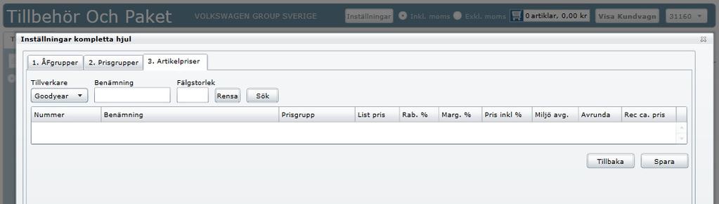 Artikelpriser Tredje steget i inställningar visar artikelprislistan på vilka kompletta hjul som finns.
