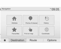82 Navigation NAVI 50 IntelliLink (typ B) - Information på displayen Menyskärm För att komma till navigeringsmenyn pekar du på 7 följt av ýnav.