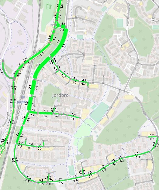 PM Trafikanalys, Jordbro 2017-08-08 11 (21) Trafikmängder vardagsdygn (1000-tal fordon per riktning) skillnad jämfört med nuläget i utredningsområdet Det kan utläsas att den nya bebyggelsen ger