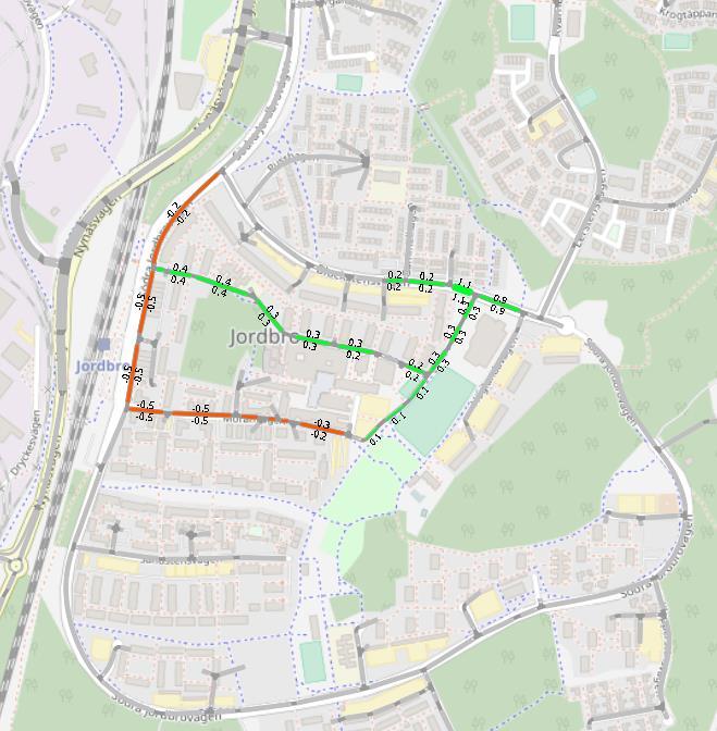 PM Trafikanalys, Jordbro 2017-08-08 15 (21) Trafikmängder vardagsdygn (1000-tal fordon per riktning) skillnad i alternativ B jämfört med 0-alternativ i utredningsområdet Det kan