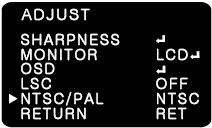 where the image gets darkened or blurred on the periphery. (5) NTSC/PAL - CVBS output can be set to NTSC or PAL according to local TV standard. (6) RETURN - Returns to the SETUP MENU. 7-10.