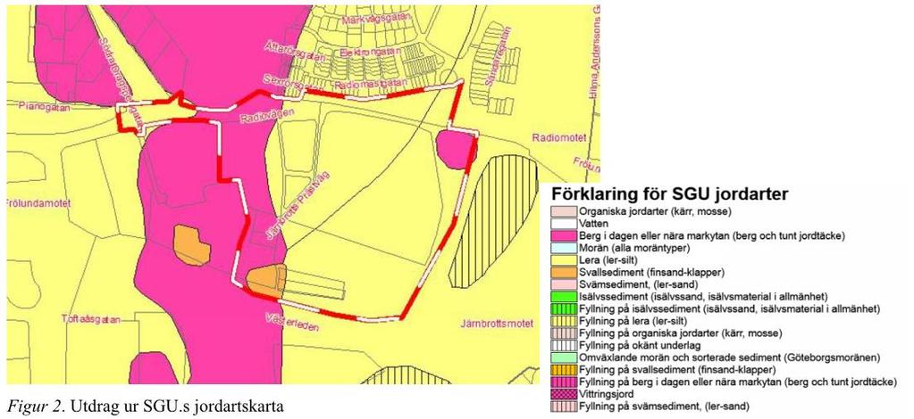 Programhandling, Bussdepå Radiomasten, Geoteknik Bilaga Geo2: Markteknisk undersökningsrapport (MUR), 2016 10 14 Till största delen är planområdet relativt plant förutom i väster och nordväst där