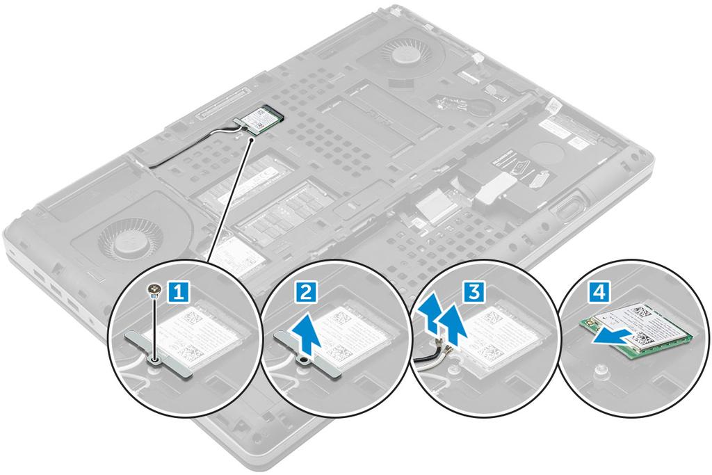 Installera WLAN kortet 1 Sätt in WLAN-kortet i sin kortplats i datorn. 2 Dra antennkablarna genom kabelkanalerna och anslut dem till WLAN-kortet.
