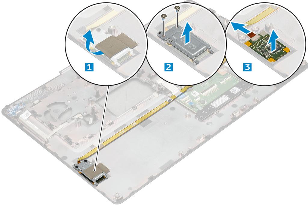 Installera fingeravtrycksläsaren 1 Placera fingeravtrycksläsaren på den ursprungliga positionen i chassit. 2 Anslut kabeln till fingeravtrycksläsaren. 3 Placera ut metallfästet på chassit.