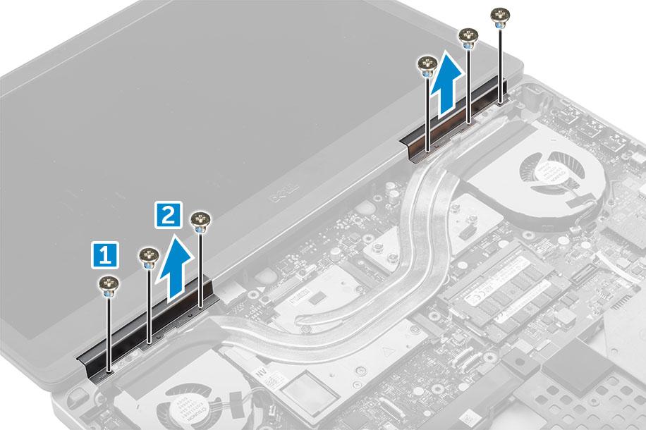 Installera högtalarna 1 Justera in högtalarna längs urtagen i datorn. 2 Dra högtalarkabeln genom kabelhållarna på datorn. 3 Anslut högtalarkabeln till moderkortet.